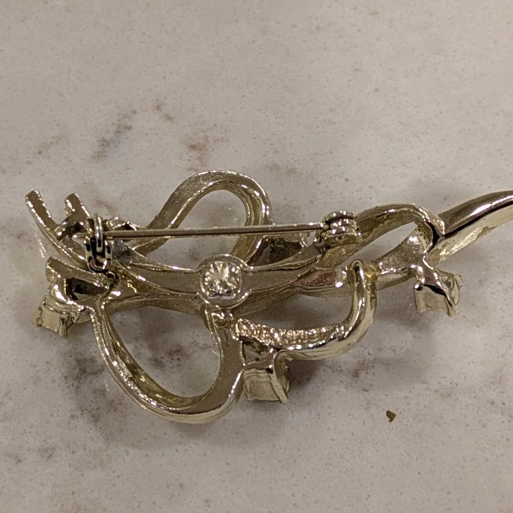 Vintage Gerry's Ribbon Brooch with Sparkling Accents Gold Tone Italy